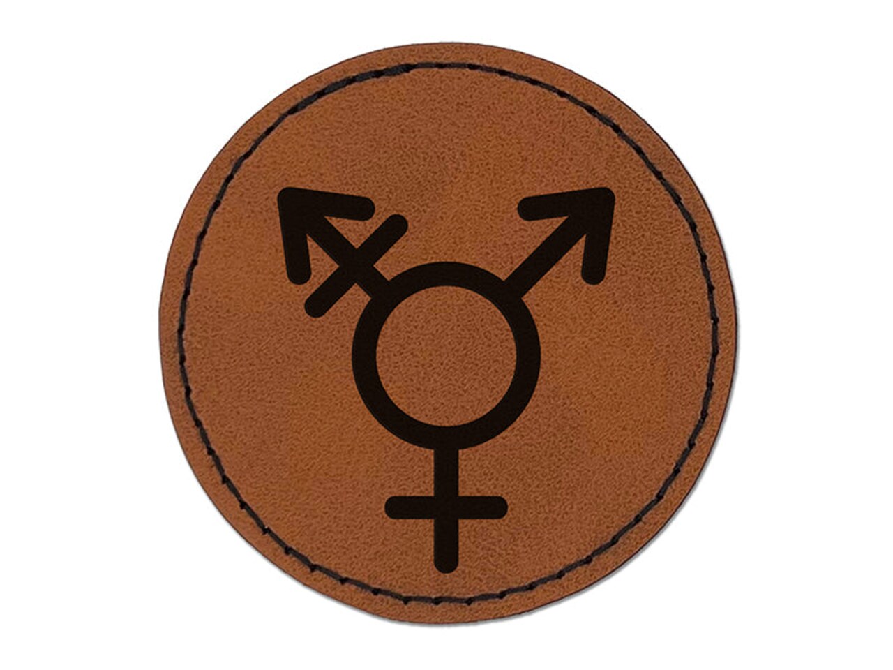 Male with Stroke and Female Sign Transgender Gender Symbol Round Iron-On Engraved Faux Leather Patch Applique - 2.5"